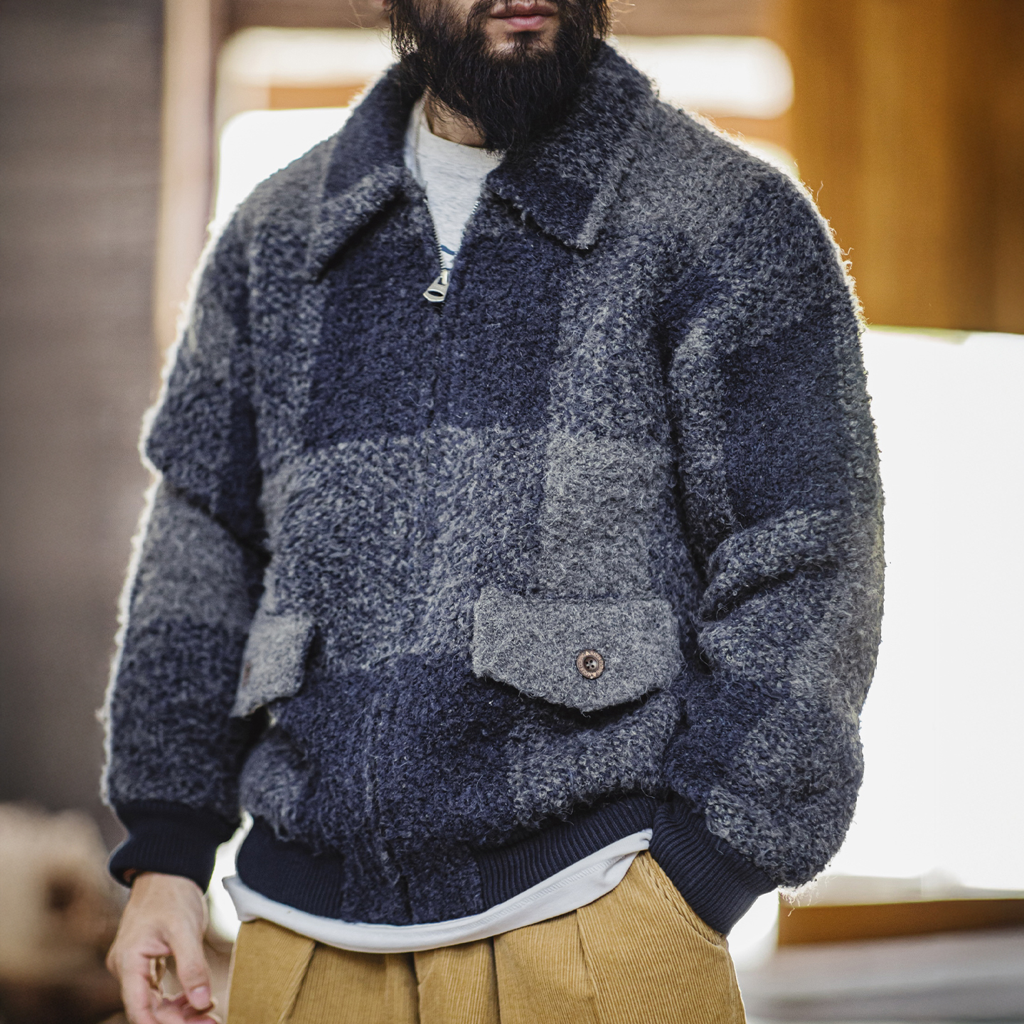 马登工装美式复古水牛格毛织夹克