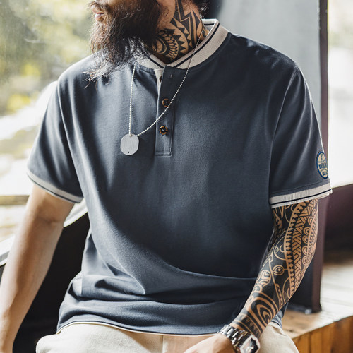 【撞色棒球领】马登工装亨利短袖