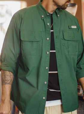 马登工装美式复古多口袋衬衫外套绿色纯棉叠穿长袖衬衣薄款男夏秋