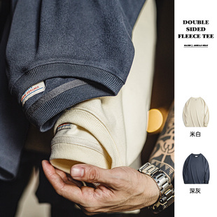 T恤基础款 双面磨毛仿德绒长袖 宽松圆领保暖上衣男秋 美式 马登工装