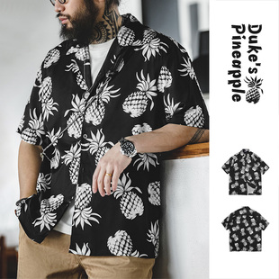 沙滩度假印花衬衣男 马登工装 复古夏威夷菠萝衬衫 美式 短袖 五分袖