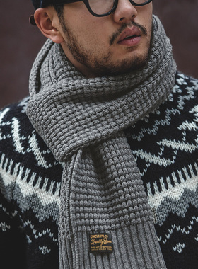 马登工装美式复古灰色针织含羊毛围巾毛线秋冬保暖围脖菠萝纹男潮