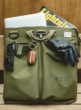 马登工装复古头盔帆布斜挎飞行员单肩机能大容量平板电脑手提包男