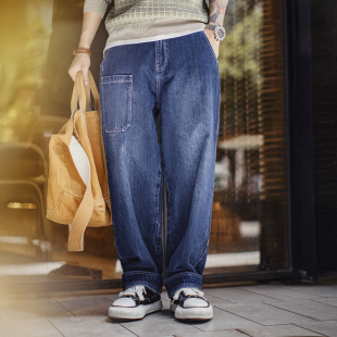丹宁蓝色直筒微锥型休闲长裤 竹节水洗牛仔裤 子男秋冬 美式 马登工装