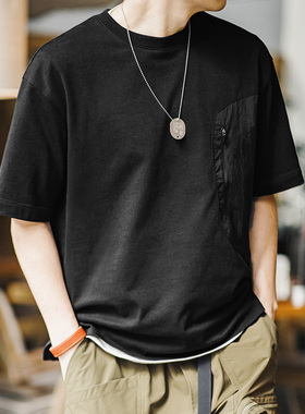 马登工装 gorpcore重磅300G短袖山系户外机能拼接口袋叠穿T恤男夏