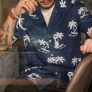 复古巴领椰树沙滩衬衫 短袖 美式 马登工装 夏威夷海边度假印花衬衣男