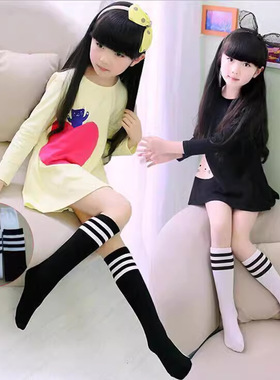 中长筒袜子女春秋款白色三杠条纹运动小腿袜女童儿童学生黑色幼儿