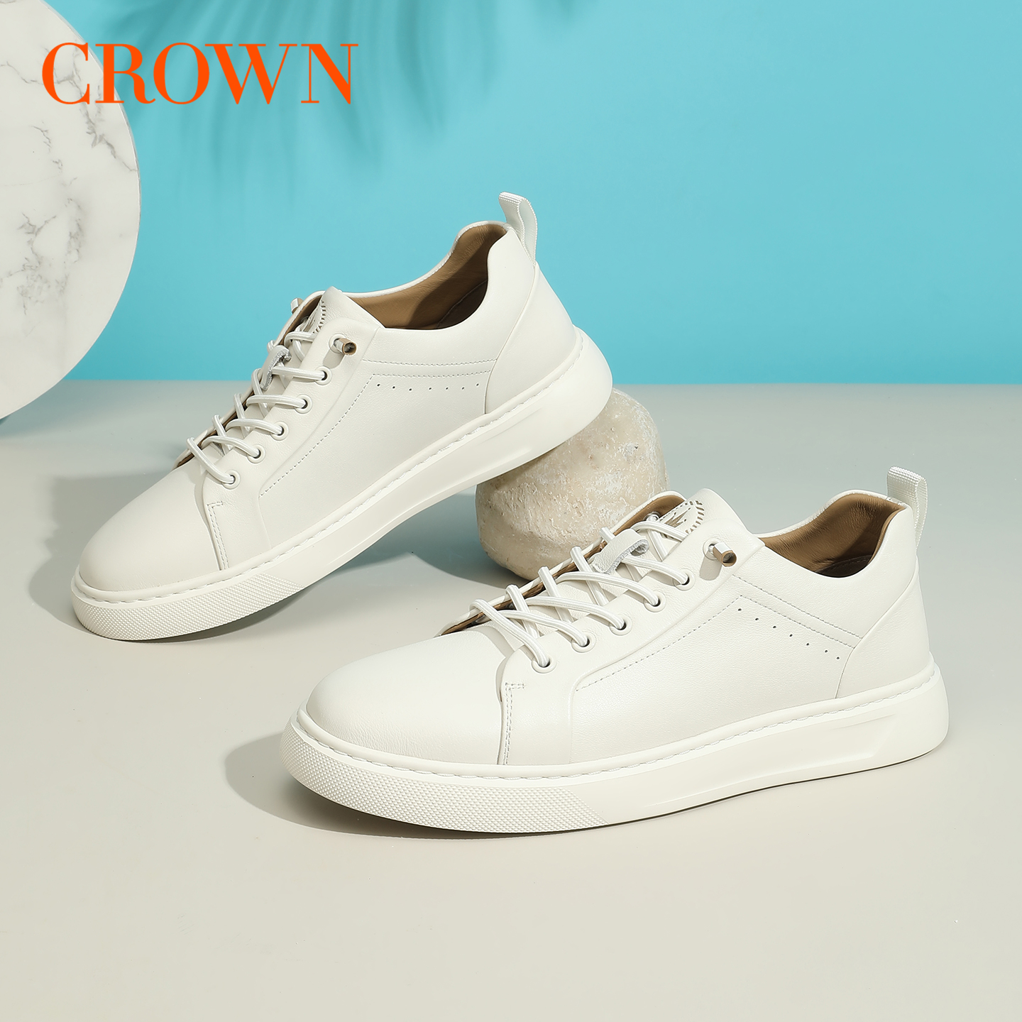 CROWN/皇冠牛皮柔软小白鞋男款舒适简约百搭户外休闲板鞋男鞋