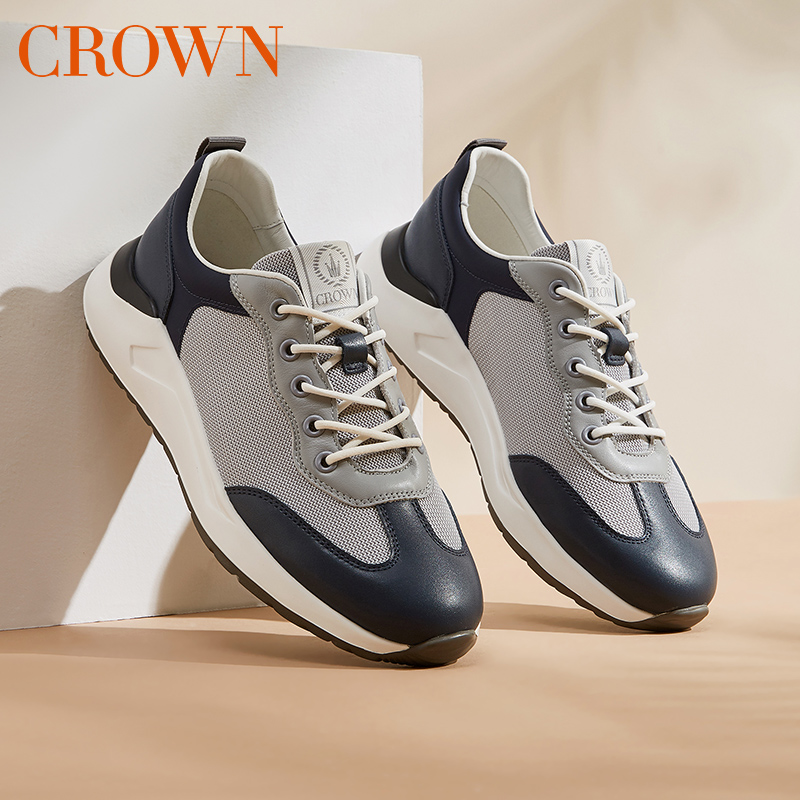 CROWN/皇冠春夏运动鞋男休闲鞋男鞋跑步软底缓震透气真皮潮流百搭