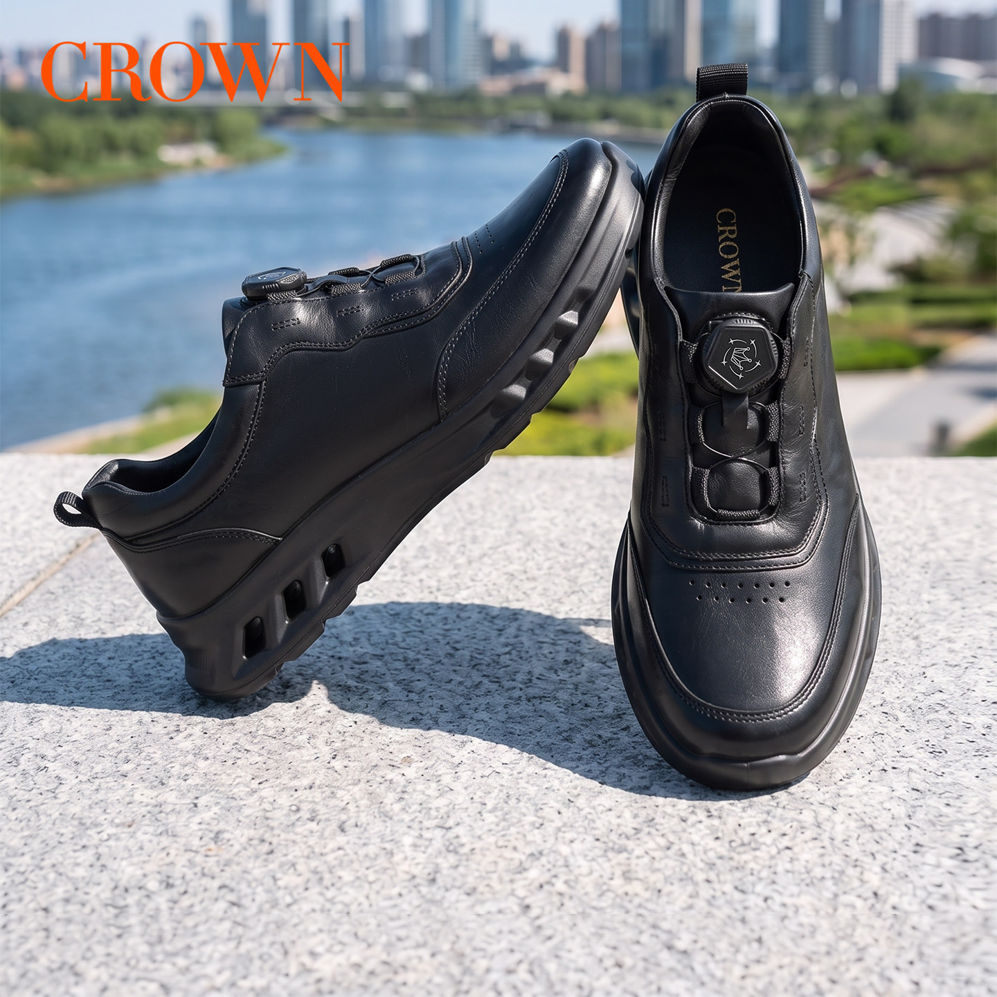 CROWN/皇冠2026新款男鞋真皮厚底增高休闲鞋免系带旋钮运动鞋