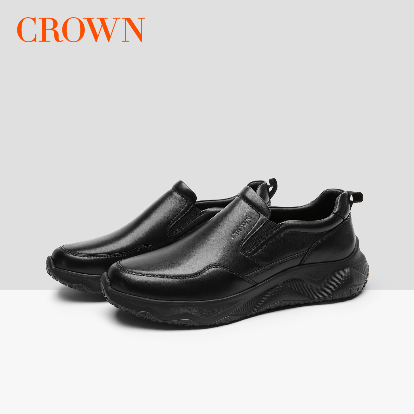 CROWN/皇冠休闲鞋男款缓震软底真皮一脚蹬乐福鞋懒人公务通勤男鞋