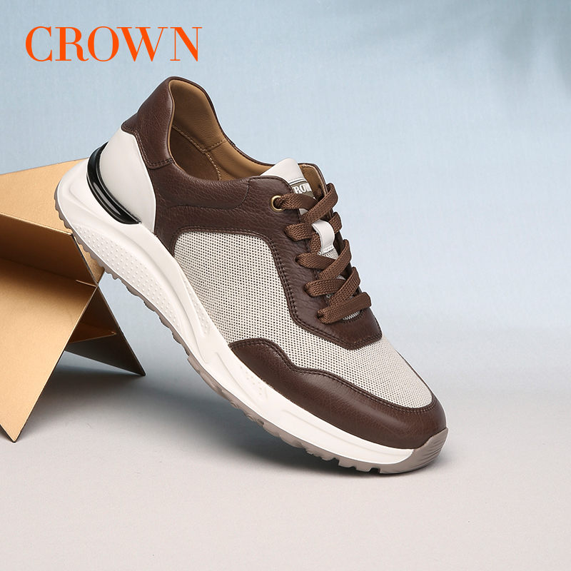 CROWN/皇冠男鞋运动鞋板鞋新款网面真皮透气跑步鞋减震休闲鞋