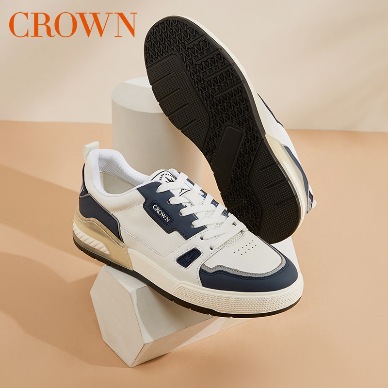 CROWN/皇冠真皮板鞋男休闲运动透气拼色黑白色减震软底小白鞋男