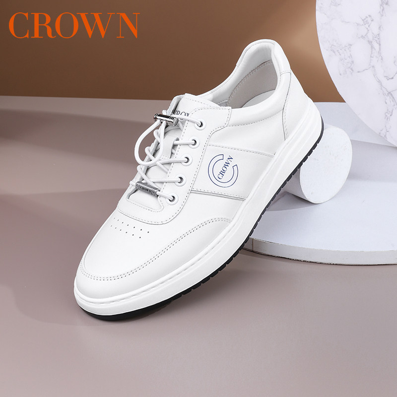 crown/皇冠休闲皮鞋男士2023年秋季新款软底缓震运动小白鞋真皮潮
