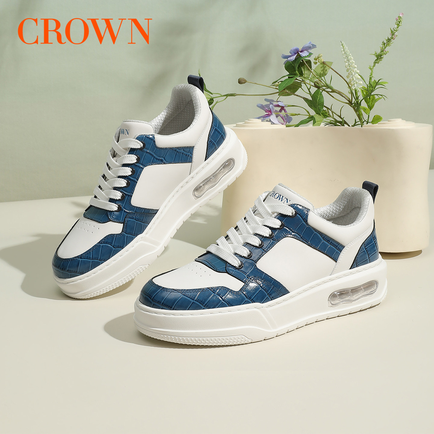 CROWN/皇冠厚底气垫板鞋男时尚舒适户外休闲鞋潮流撞色板鞋男鞋