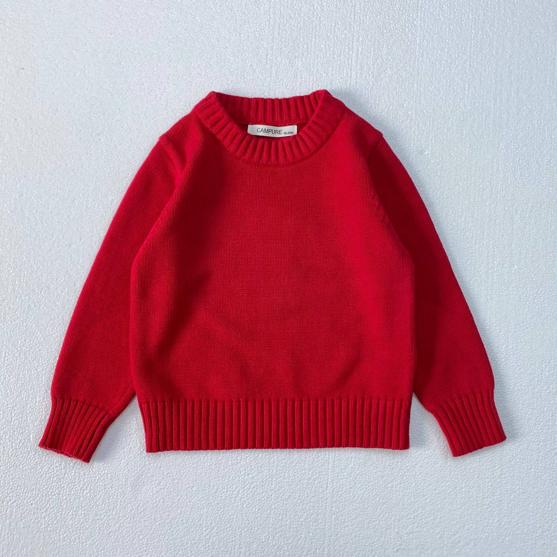 儿童针织衫红色圆领加厚纯棉宝宝毛衣秋冬上衣男女童打底韩版百搭