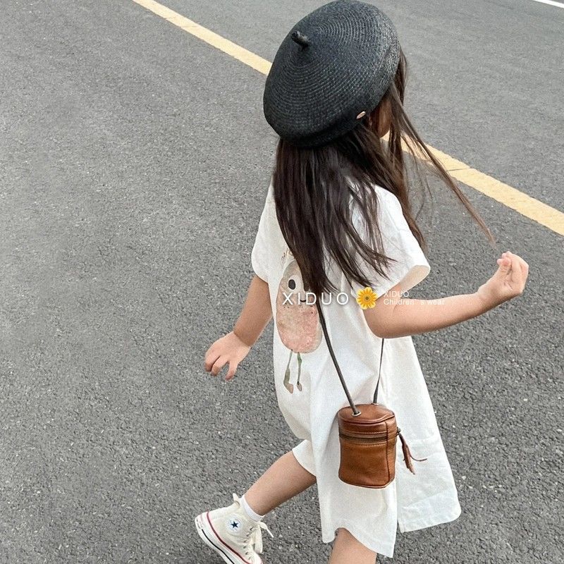 夏季女童连衣裙宝宝洋气儿童个性潮韩版小清新印花白色公主T恤裙