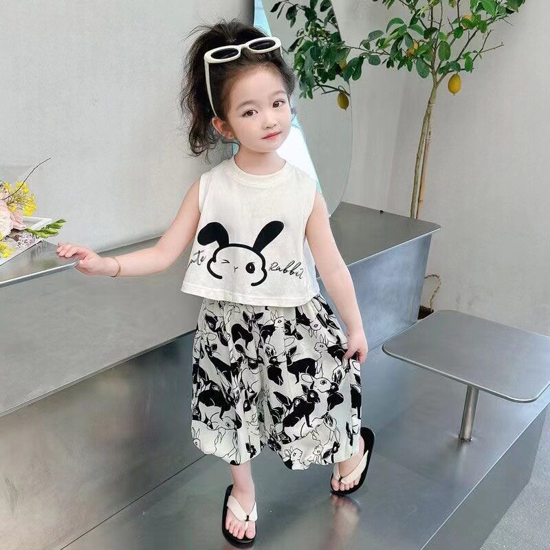 女童夏装套装兔子印花无袖T恤七分阔腿裤儿童韩版宝宝休闲两件套