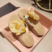 坡跟人字拖女2025夏季 凉鞋 时尚 百搭仿草编花朵厚底海边度假沙滩鞋