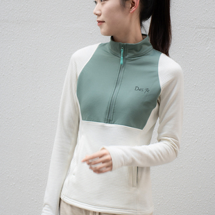火山岩美利奴羊毛320gsm半拉链能量方格徒步中间层防风跑步上衣女