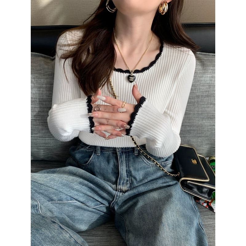 法式小香风喇叭袖木耳边针织毛衣女秋冬修身内搭打底衫上衣通勤