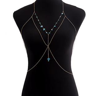 欧美饰品跨境 简约一体式挂脖几何松石胸链 性感夜店比基尼腰链女