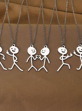 欧美新款可爱趣味卡通火柴人吊坠个性搞怪男女情侣潮流不锈钢项链