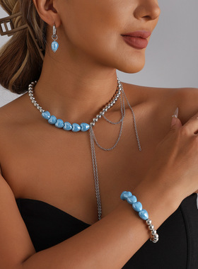 欧美跨境饰品时尚拼接风蓝色爱心