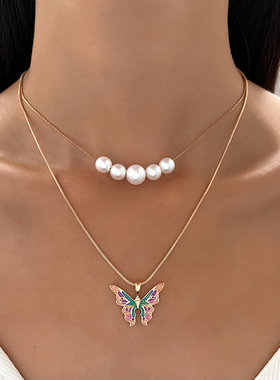 欧美时尚芭比公主同款女孩蝴蝶项链珍珠双链饰品配饰个性首饰品