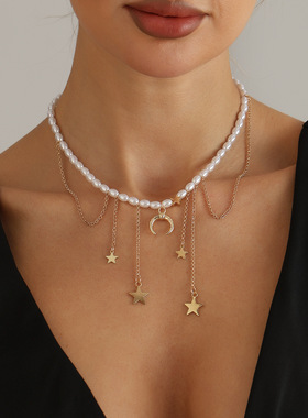 欧美跨境饰品INS星星月亮珍珠项
