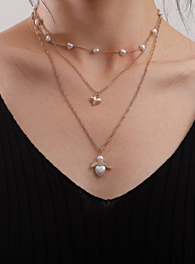 欧美跨境饰品时尚多层心形珍珠天