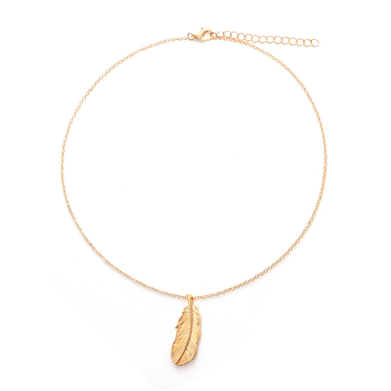 欧美饰品 简约单层合金羽毛吊坠项链女 个性百搭流行时尚项饰首饰