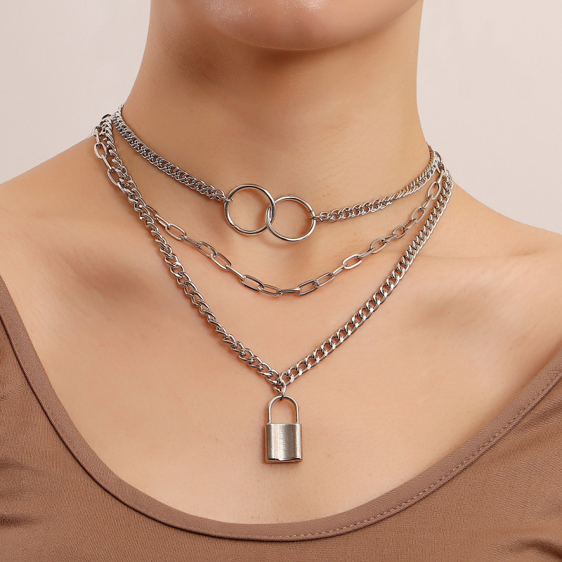 欧美饰品 潮流多层挂锁毛衣链ins金属风 主播秋冬卫衣项链不掉色