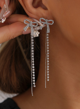 欧美跨境饰品轻奢满钻蝴蝶结耳环 长款流苏链条耳坠显瘦耳饰
