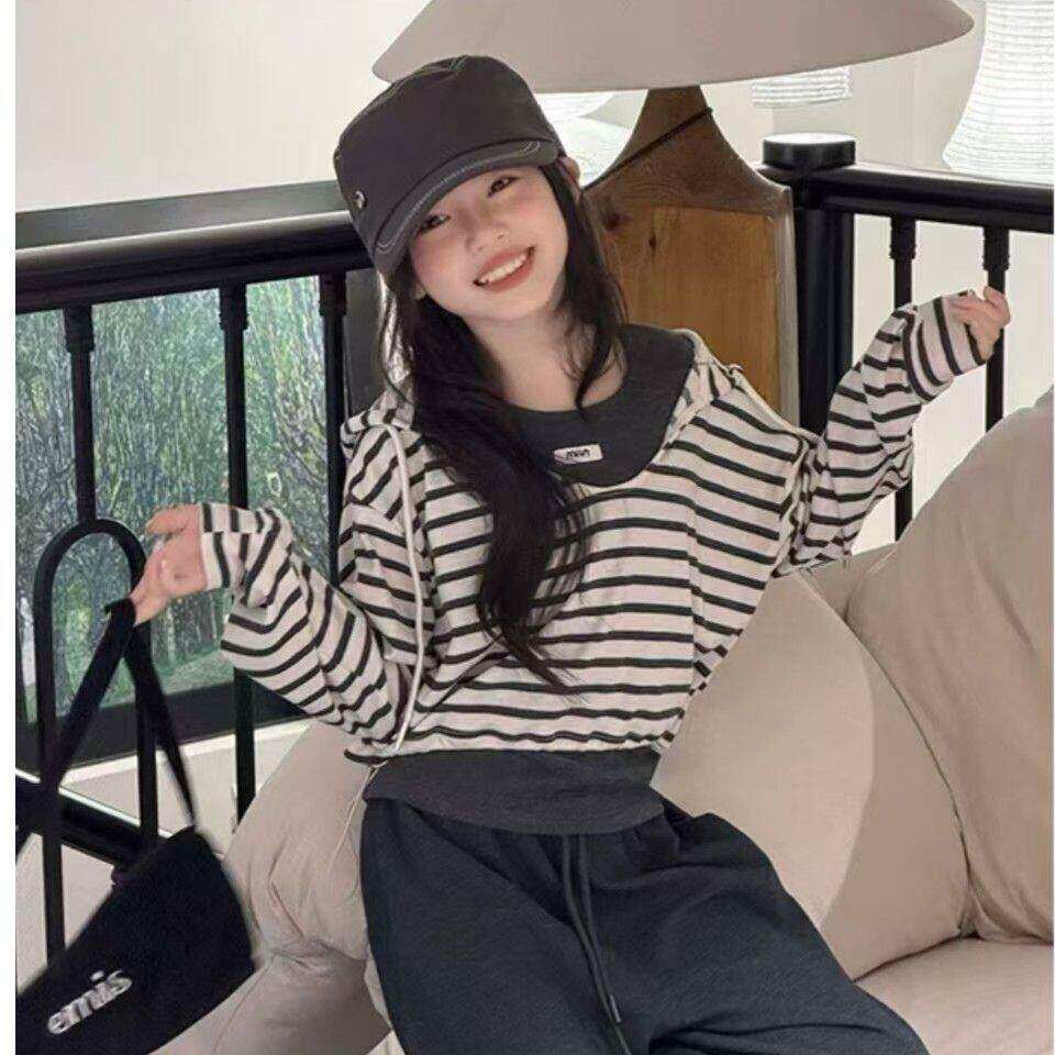 韩版女童秋季条纹卫衣两件套