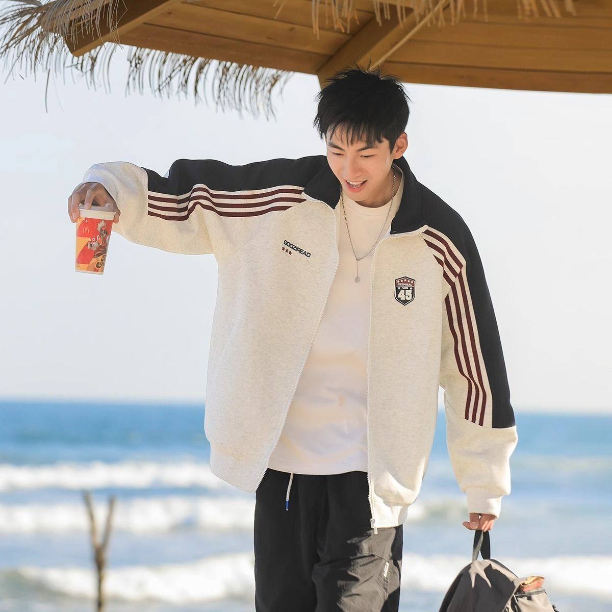 秋冬季高级感拼接插肩袖卫衣情侣男女美式复古立领外套开衫上衣潮,男装,大码上装,淘宝优惠券,粉丝福利购,淘宝优惠卷