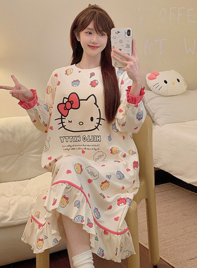 Kiai 200斤胖mm纯棉睡衣女秋冬睡裙长袖宽松加肥加大码休闲家居服