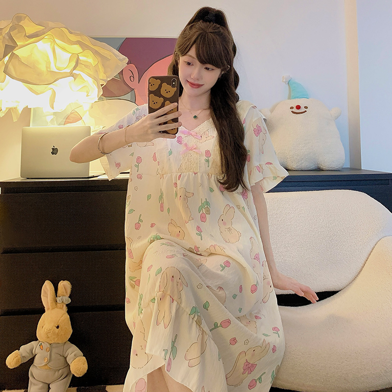 Kiai 250斤胖MM夏季睡衣女云朵棉睡裙可爱甜美卡通短袖中长裙家居