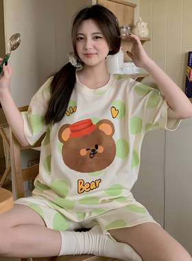 Kiai 可外穿女士睡衣夏季纯棉短袖短裤两件套休闲家居服全棉套装