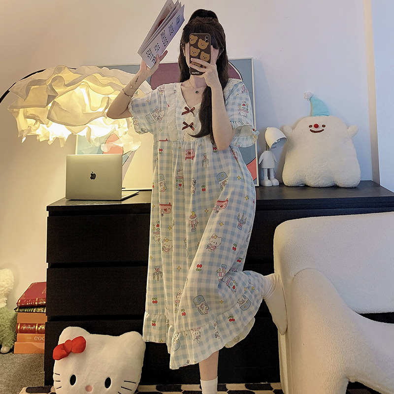 Kiai 250斤胖MM夏季睡衣女云朵棉睡裙可爱甜美卡通短袖中长裙家居