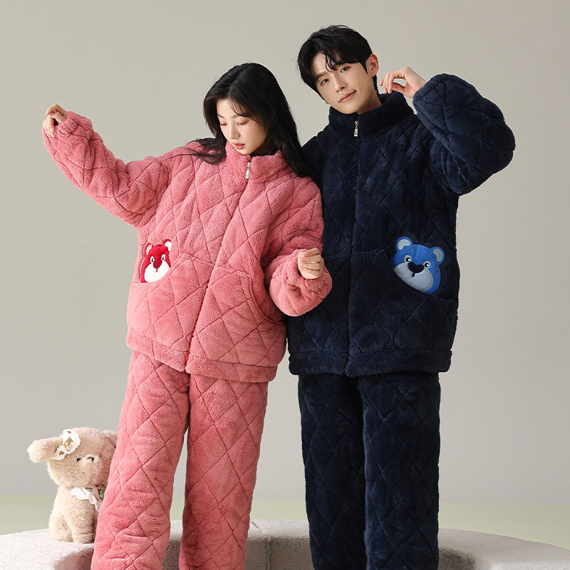 Kiai 可外穿冬季情侣睡衣女夹棉三层加绒加厚保暖可外穿珊瑚绒男