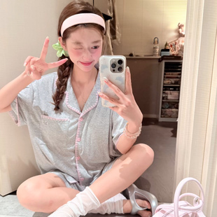 Kiai 外穿睡衣女夏季针织棉提花翻领短袖短裤套装小众减龄家居服