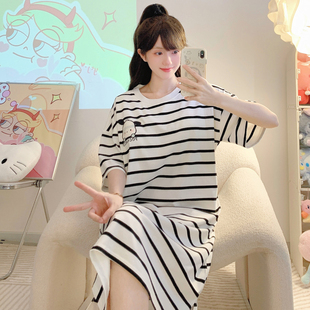 Kiai Pocket 夏季睡衣短袖带不可拆卸胸垫睡裙女纯棉色织条纹卡通