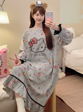 Kiai 200斤胖mm纯棉睡衣女秋冬睡裙长袖宽松加肥加大码家居服