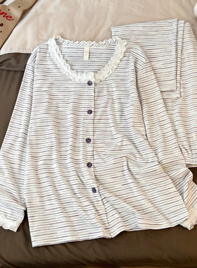 Kiai 可外穿睡衣春季新款针织条纹色织条花边领女款套装家居服