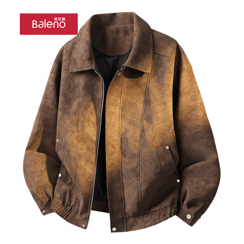 班尼路绒感PU皮衣男春季2026新款美式复古翻领机车外套美拉德夹克,男装,皮衣,淘宝优惠券,粉丝福利购,淘宝优惠卷