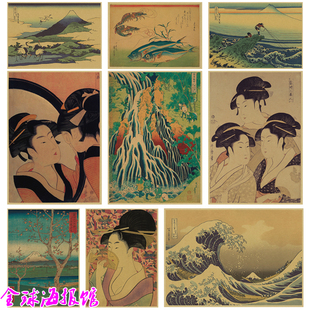 日本浮世绘 复古牛皮纸海报 寿司料理店居酒屋日料店装饰画挂画