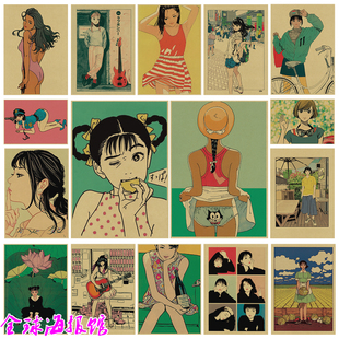 江口寿史 日本插画 漫画海报复古牛皮纸宿舍咖啡馆酒吧宿舍装饰画