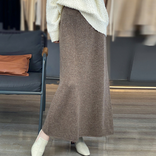 纯羊毛针织半身裙高腰宽松大摆伞优雅亮丝针织中长裙子A字裙伞裙
