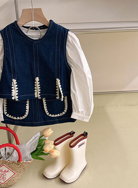 韩国童装2023春季新款女童洋气时尚牛仔套装儿童纯色马甲半身裙潮